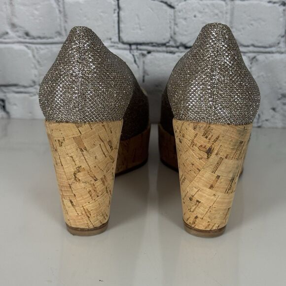 Stuart Weitzman Anna Wedge Women 6 Silver Glitter Cork Platform Peep Toe Pumps - Picture 9 of 15